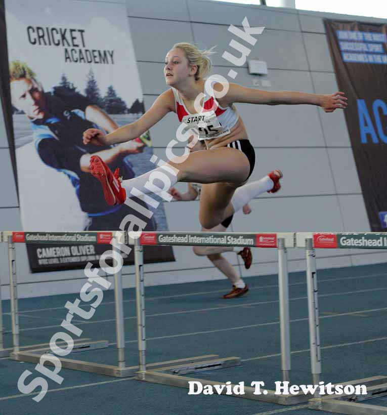 Annalise James (Gateshead Harriers) winning the under-15 girls60 metres , North East Indoor Champs, Gateshead.